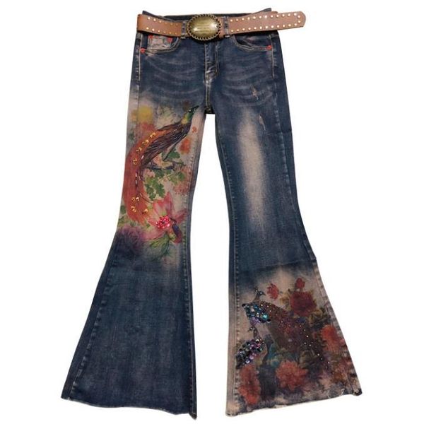 

women's jeans 2021 spring autumn women skinny drilling fashion peacock printing painted flare, Blue
