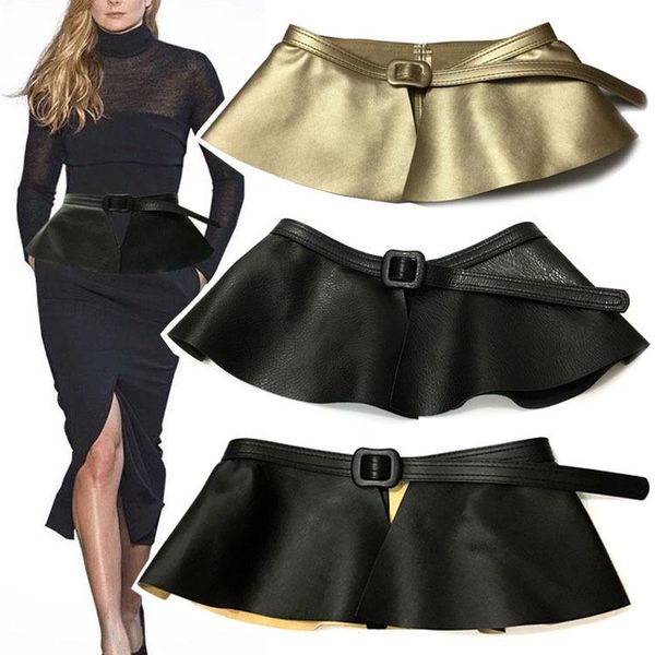 

belts wide gold belt women corset metal decorated pu leather ruffle skirt peplum waistband cummerbunds female dress strap girdle, Black;brown