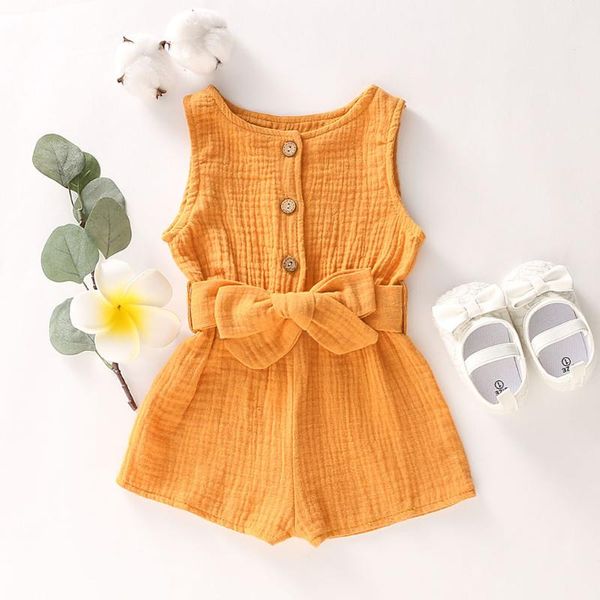 

jumpsuits born infant baby girls romper summer cotton linen bow buttons sleeveless solid jumpsuit playsuit clothes 3-18, Blue