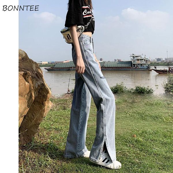 

women's jeans full length women ins chic side-slit design summer stylish ladies denim straight trouser basic all-match womens streetwea, Blue
