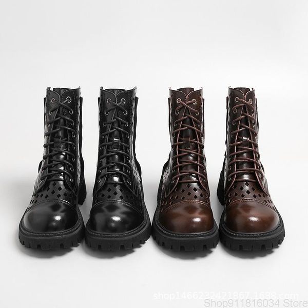 

hollow out boots leather student college style eight hole middle heel 9793, Black