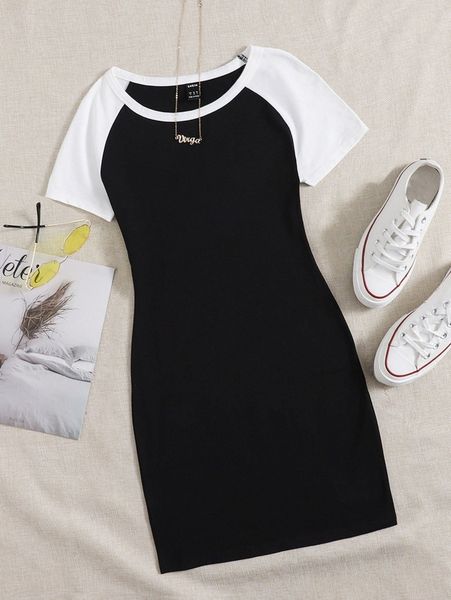 

colorblock raglan sleeve bodycon dress j1wr#, Black;gray