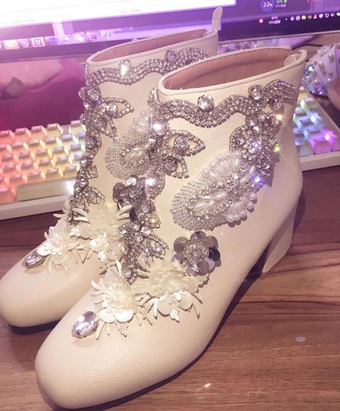 

boots kaeve pure handmade floral high-end ankle women sequins diamond blossom pearl australia chunky bottines femme, Black