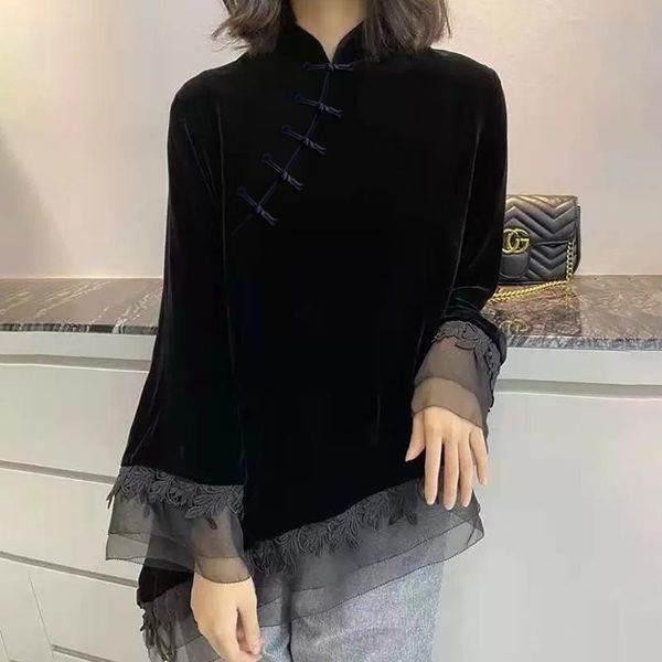 

ethnic clothing 2021 chinese style traditional black golden velvet improved cheongsam lace design women graceful qipao collar blouse, Red