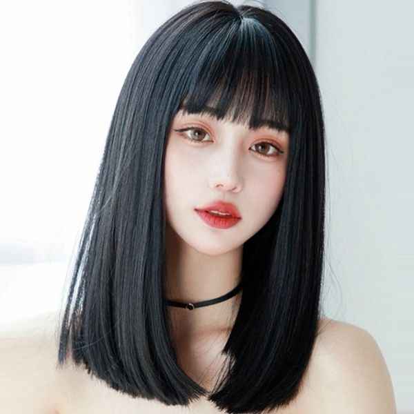 

qi lisa's same cartoon bangs black medium long straight hair ruili lovely fashion full wig full head cover