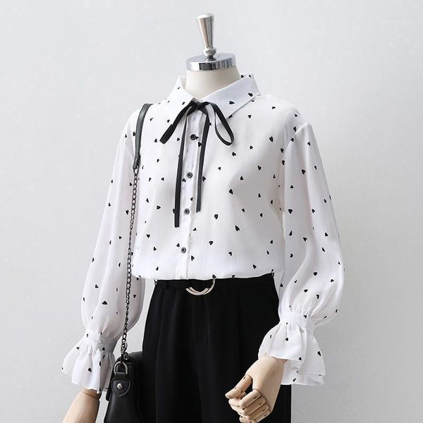

womens and blouses office ladies long flare sleeve polka dot print elegant chiffon blouse shirts female tunics plus size women's &, White