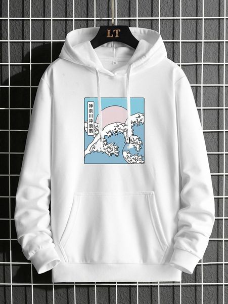 

men graphic print drawstring kangaroo pocket hoodie f415#, Black