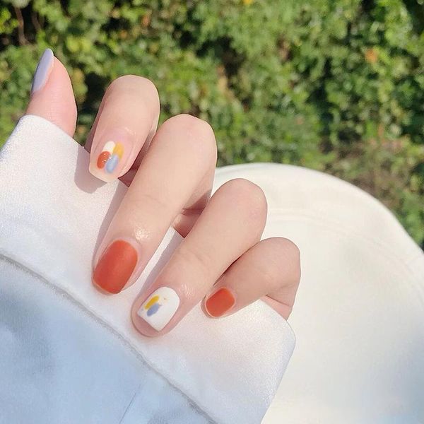 

false nails modelones 24pcs/box matte square press on for girls articficial candy macaron color girl, Red;gold