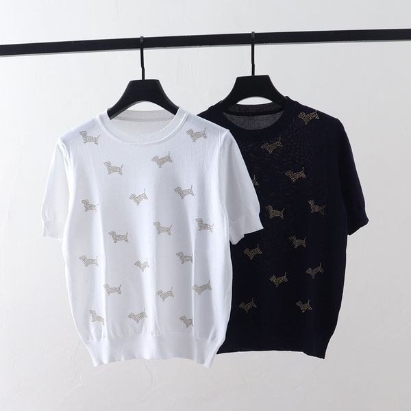 

t shirt 2021 summer puppy pattern full body drill ice silk short sleeve women's round neck slim knit top, White