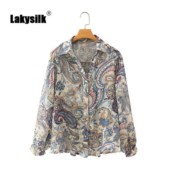 

women's blouses & shirts vintage print women autumn office ladies turn down collar single button chiffon shirt female, White