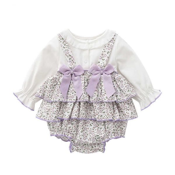Baby Purple Floral Pagliaccetti Toddler Girls 1st Birthday Party Outfit Infant Vintage Spagna Tuta nata Bow Lace 210615