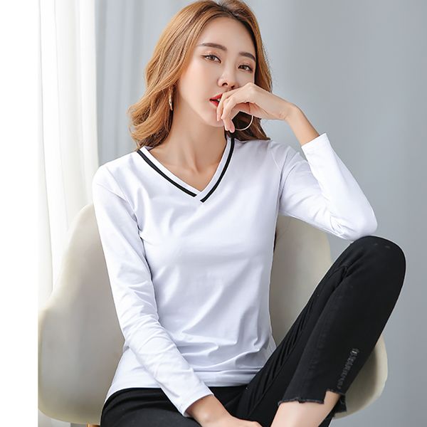 

women's t-shirt black spring white contrast colour with cleavage in v t female shirt will see t-shirt cotton tshirt women's clothe