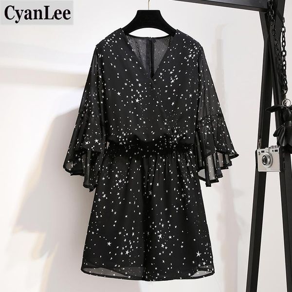 

plus size women 2021 summer short jumpsuits casual star print v-neck playsuit rompers loose chiffon playsuits l-5xl women's &, Black;white