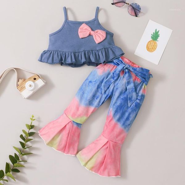

summer style baby girl double shoulder strap tie-dye flared pants suit bow 2pcs clothes clothing sets, White