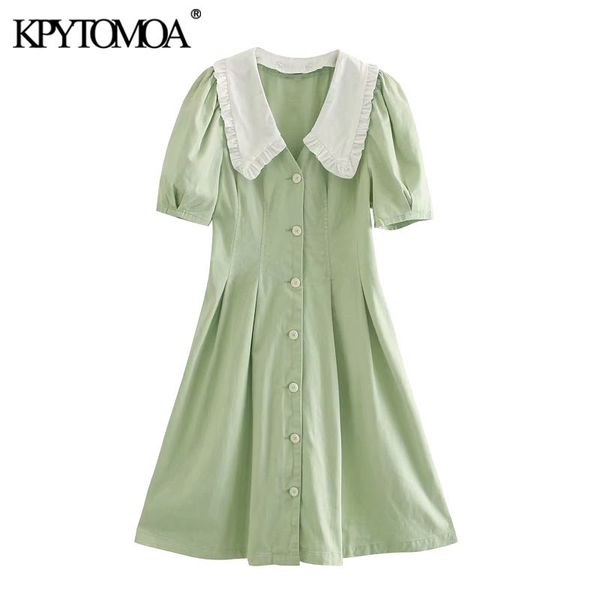 Mulheres Doce Fashion Button-Up Plissado Mini Vestido Vintage Lapela Collar Manga Curta Vestidos Femininos Vestidos Mujer 210416