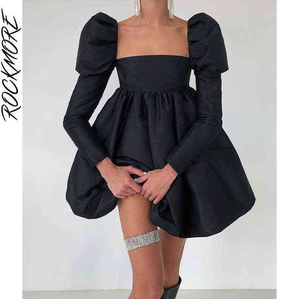 Rockmore vestido de festa elegante para mulheres sexy backless mini vestido longo manga plissada vestido de baile inchado vestidos y2k streetwear preto g1214