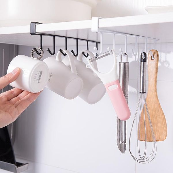

hooks & rails wrought iron cabinet storage rack, multi-function row hook 6 consecutive hanging, closet organizer, kitchen partition
