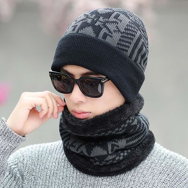 

falcon plan men's 2-pieces winter beanie hat scarf set warm knit thick fleece lined cap scarves for men women outdoor hats, Black;white