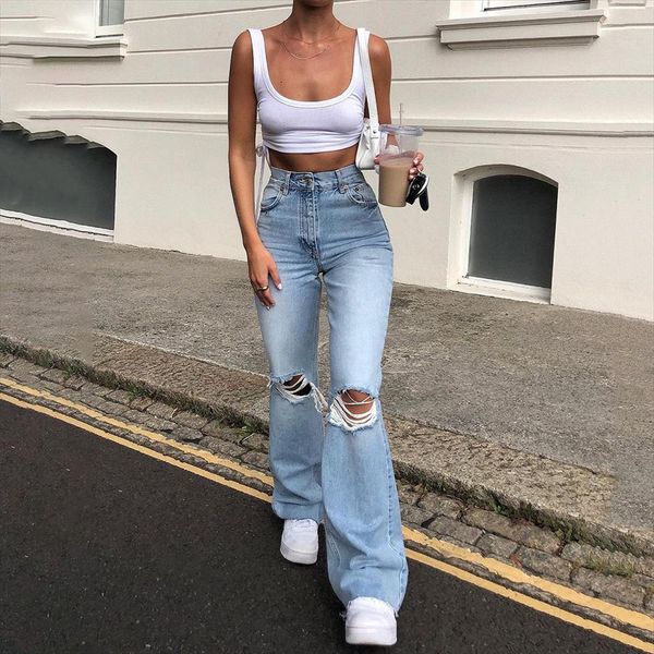 

pants streetwear holes ripped womens jeans trousers hollow out high waist zipper denim blue black wide leg