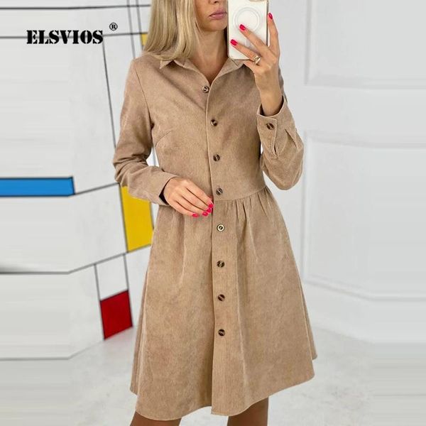 

casual dresses fashion fall winter women corduroy long sleeves lapel shirts dress solid color buttons cardigan elegant slim office, Black;gray
