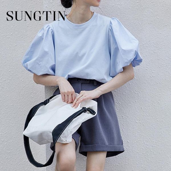 

sungtin puff sleeve oversized t shirts women white o neck short female casual solid loose korean chic summer 2021 women's t-shirt