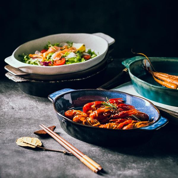 

dishes & plates binaural baking plate baked rice japanese ceramic large capacity oval breakfast salad fruit plat