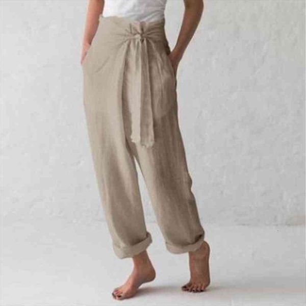 

cotton linen solid lace women capris up wide leg trousers simple casual loose pockets summer autumn homewear bottom, Black;white