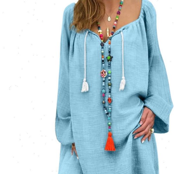 

casual women womens dress solid color linen drawstring v neck long sleeve loose midi apparel summer, Black;gray