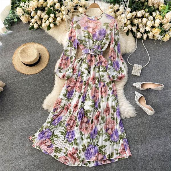 

vintage spring floral print womens dresses pleated maxi long chiffon bandage summer party women beach holiday tunic, Black;gray
