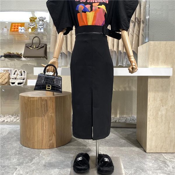 

niche design 2021 fashion high waist zipper stitching long skirt temperament slim hem split skirts, Black