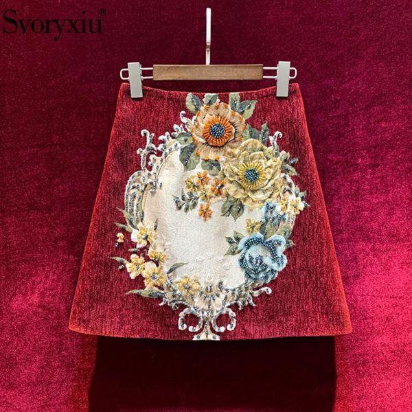 

skirts svoryxiu designer autumn winter vintage jacquard a-line mini skirt women's crystal beaded, Black