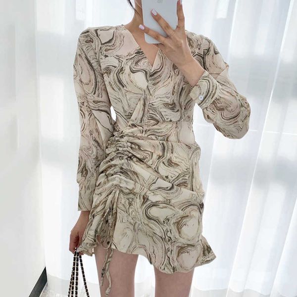 

chic korean full v neck cross ink printing drawstring folds irregular ruffle dress women mini vintage elegant vestido 210610, Black;gray