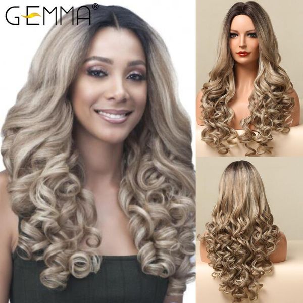 

synthetic wigs gemma long loose wave ombre brown champagne blonde wig for women heat resistant middle part cosplay fake hair, Black