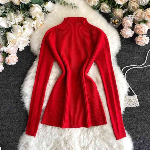 

spring autumn women's korean the solid color long-sleeved knitted bottoming wild stretch slim female ll126 210506, White