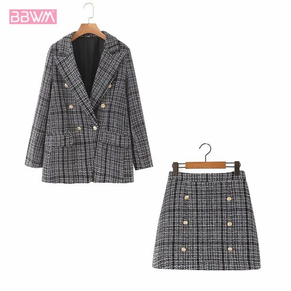 

fashion tweed plaid double breasted lapel long sleeve chic female jacket sweet high waist mini plaid women's skirts suit 210507, White