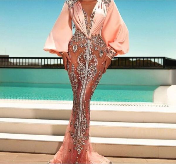 Abendkleid Damen Tuch Yousef Aljasmi Meerjungfrau Rosa Satin Puffärmel Silber Kristall Lve V-Ausschnitt Langes Kleid Kim Kardashian Kylie Jenner