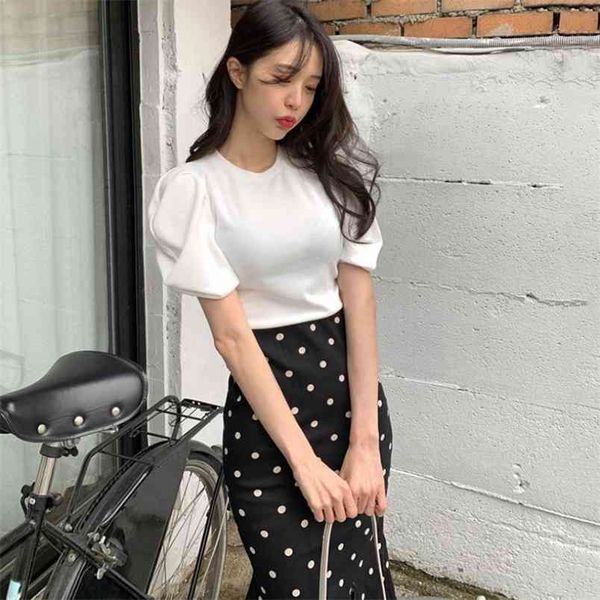 

fashion 2 piece set summer women knitted o-neck puff sleeve t shirts + high waist bodycon mermaid long skirt suit 210519, White