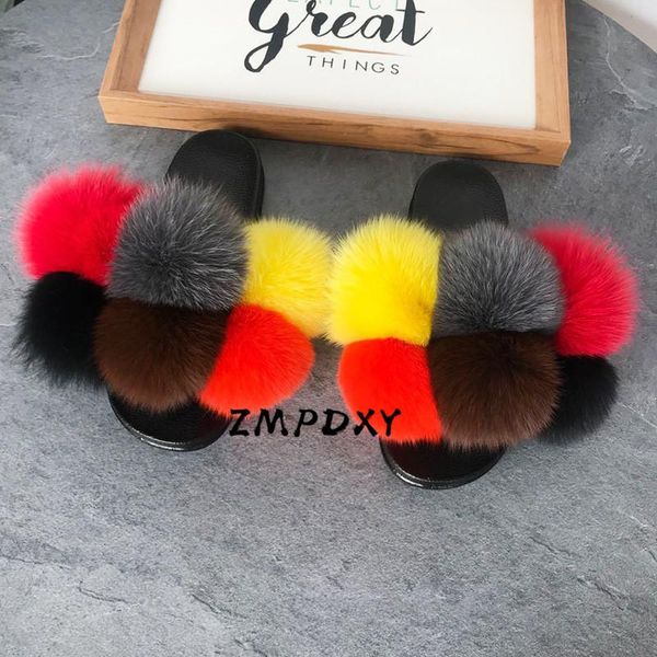 

women's winter fluffy raccoon fur slides cute rainbow ball shoes ladies slippers female flip flops furry sandals, Black