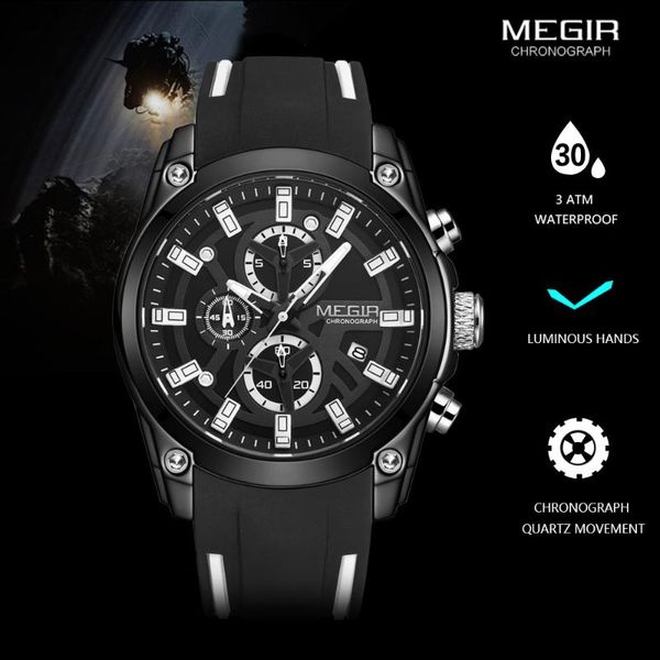 

wristwatches megir military sport watches men luxury brand waterproof watch man silicone strap luminous chronograph wristwatch clock 214, Slivery;brown