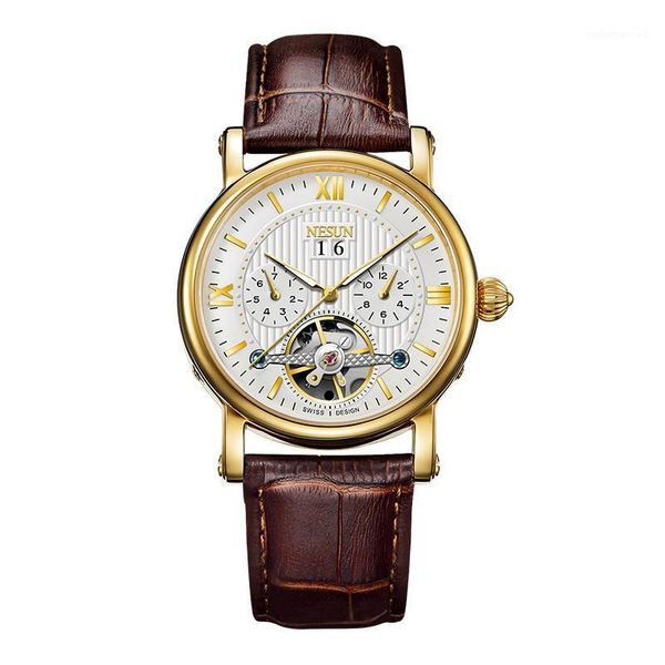 

nesun original men's watches automatic mechanical sport wristwatch business reloj hombre skeleton tourbillon wristwatches, Slivery;brown
