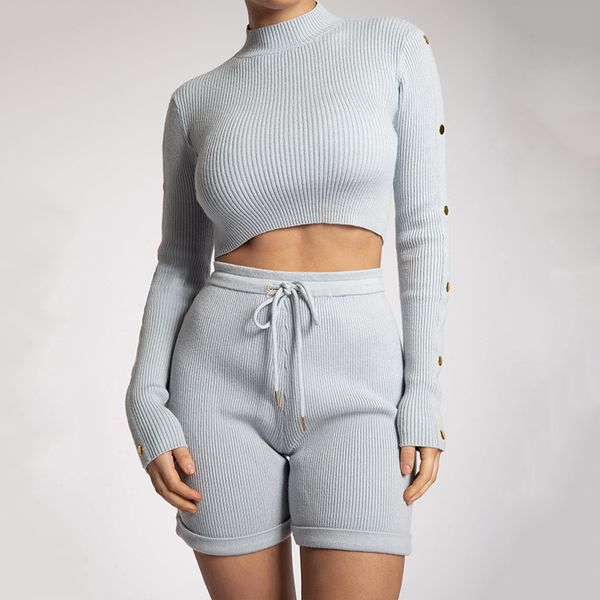 

paris girl autumn cotton two-piece set women's long sleeve crop lace-up stretch shorts 2pc matching suit casual clothes 210524, White