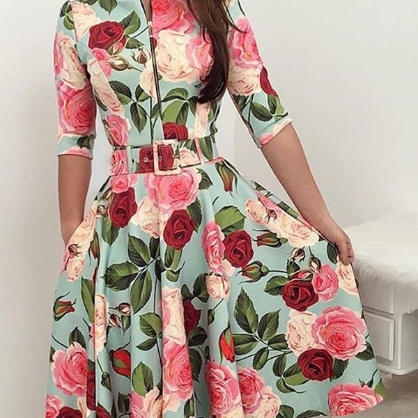 

fashion dress 2021 zipper print 5-sleeve for women, White;black