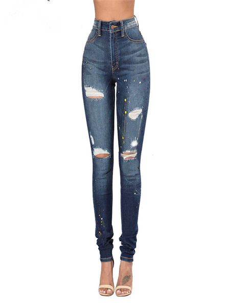 

women's jeans hole color drawing and leggings for women, Blue