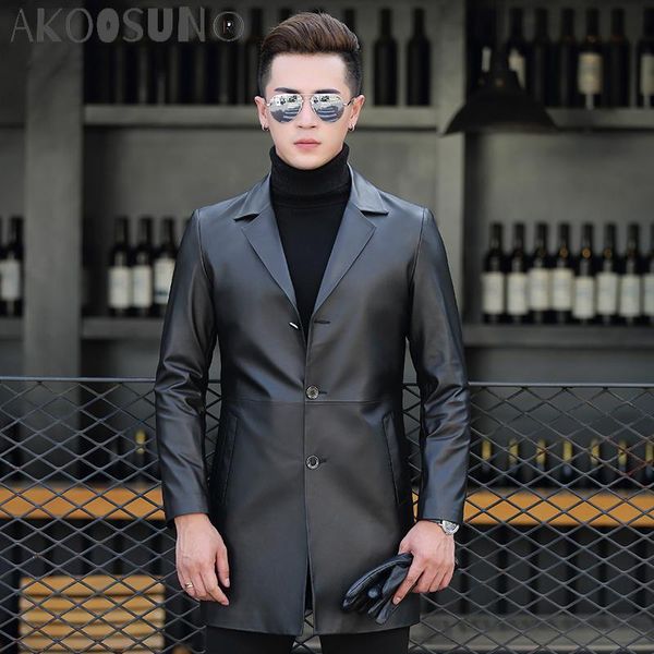 

men's leather & faux akoosun genuine sheepskin jacket coat long windbreaker coats men spring autumn t-01-1703 kj1618, Black