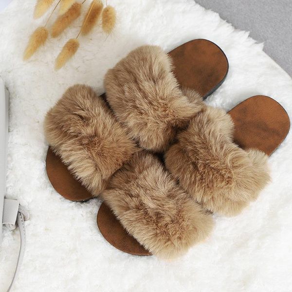 

autumn winter women slippers wear fashionable plush fluffy flat bottom female fur outside, Black