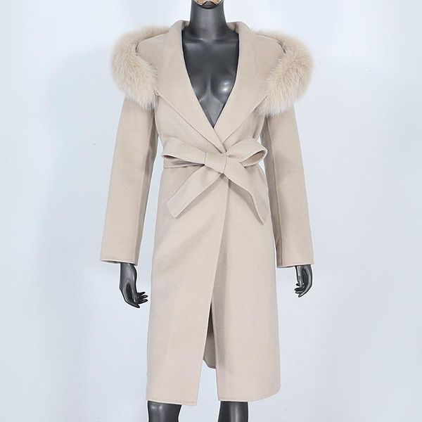 

women's wool & blends 2021 real fur coat winter jacket women natural collar hooded cashmere long outerwear fashion streetwear, Black