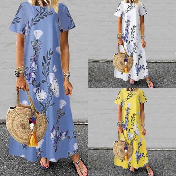 

large women's round neck print short sleeve a-line dress long summer, Black;gray