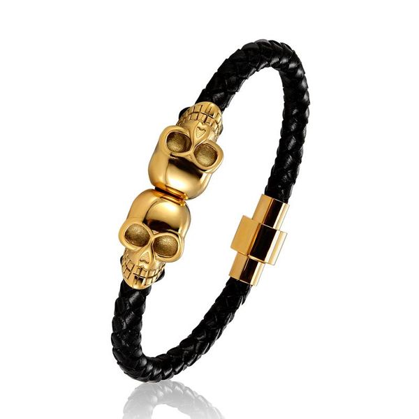 

charm bracelets men woman punk bracelet braided leather rope chain titanium steel magnet buckle skull male lady skeleton jewelry, Golden;silver