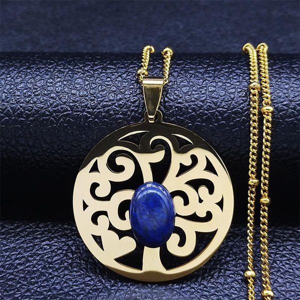 

pendant necklaces tree of life lapis lazuli stainless steel chain women gold color bohemia jewelry colier femme xh14s04, Silver