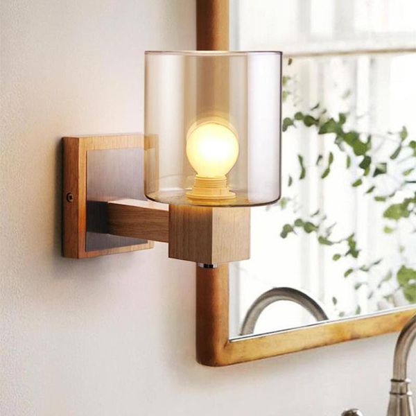 

wall lamp nordic minimalist solid wood amber glass lights for living room bedroom bedside home lighting fixtures decor